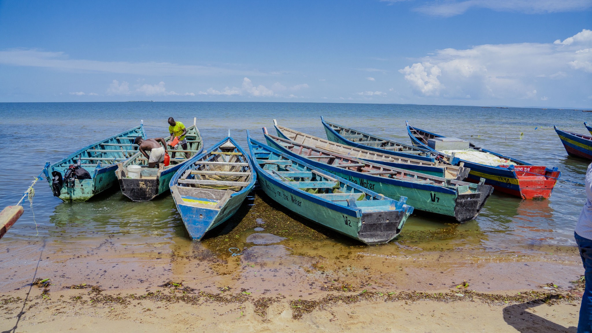 Traditional wooden fishing boats at Lake Victoria in Mwanza, Tanzania